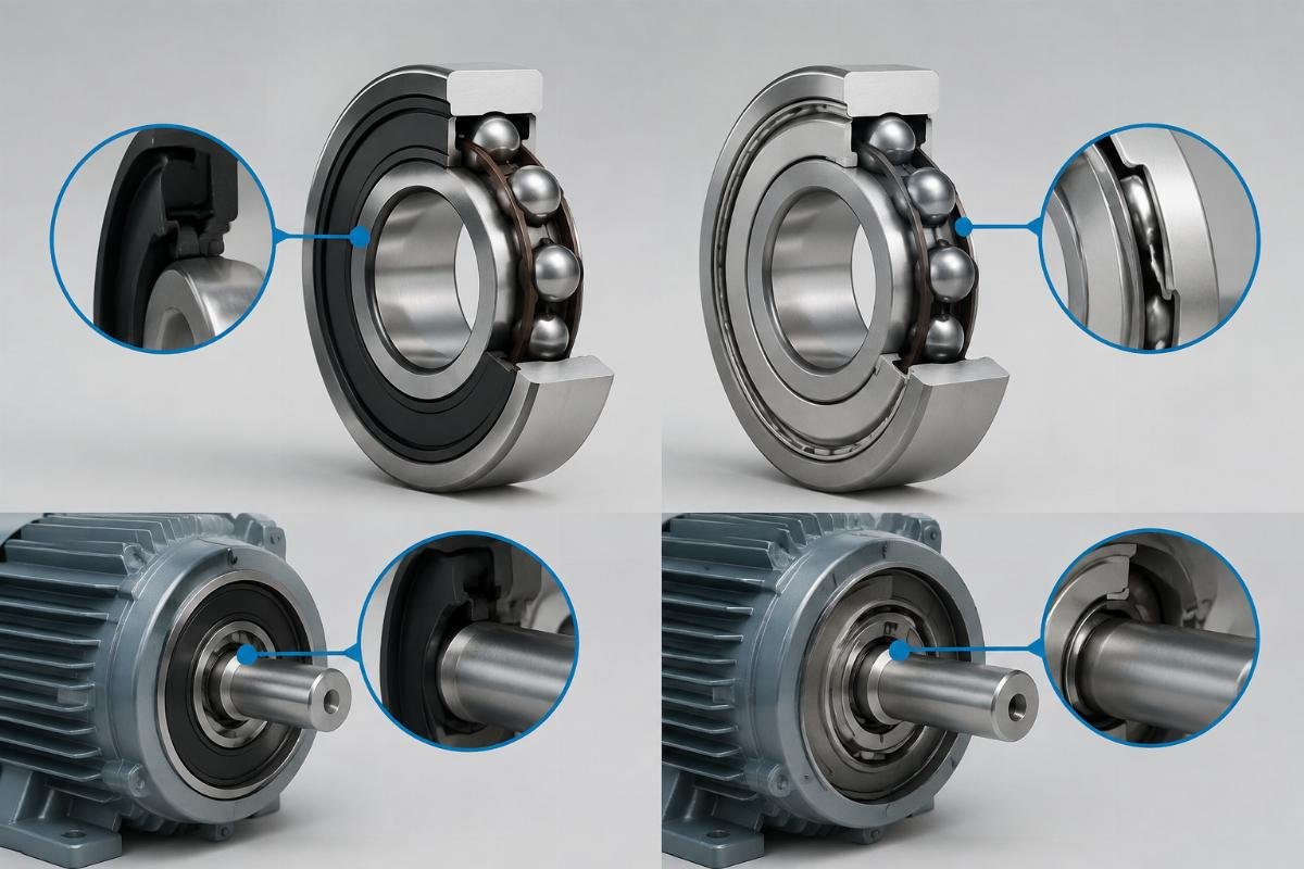 HVAC motor bearing seal type comparison showing contact seal and non-contact shield designs