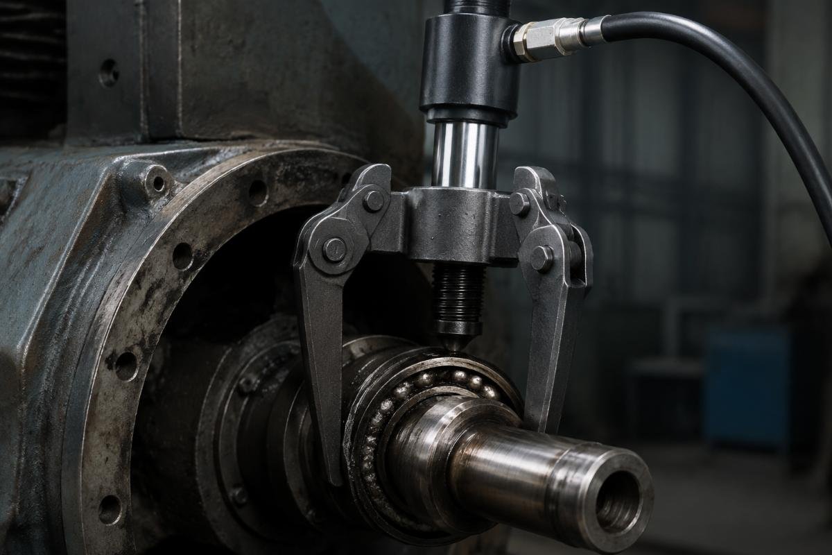Hydraulic bearing puller removing damaged bearing from shaft journal