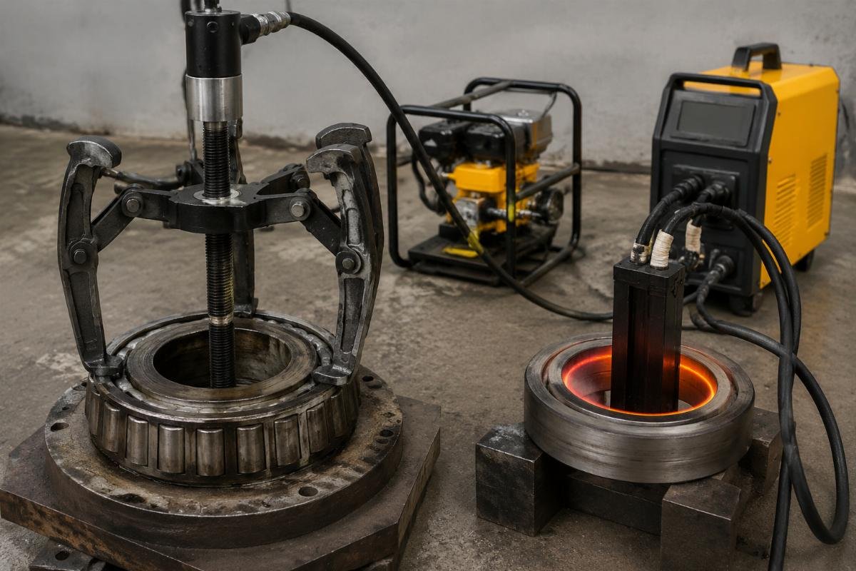 Hydraulic jaw puller and induction heater prepared for SKF Timken bearings removal on site