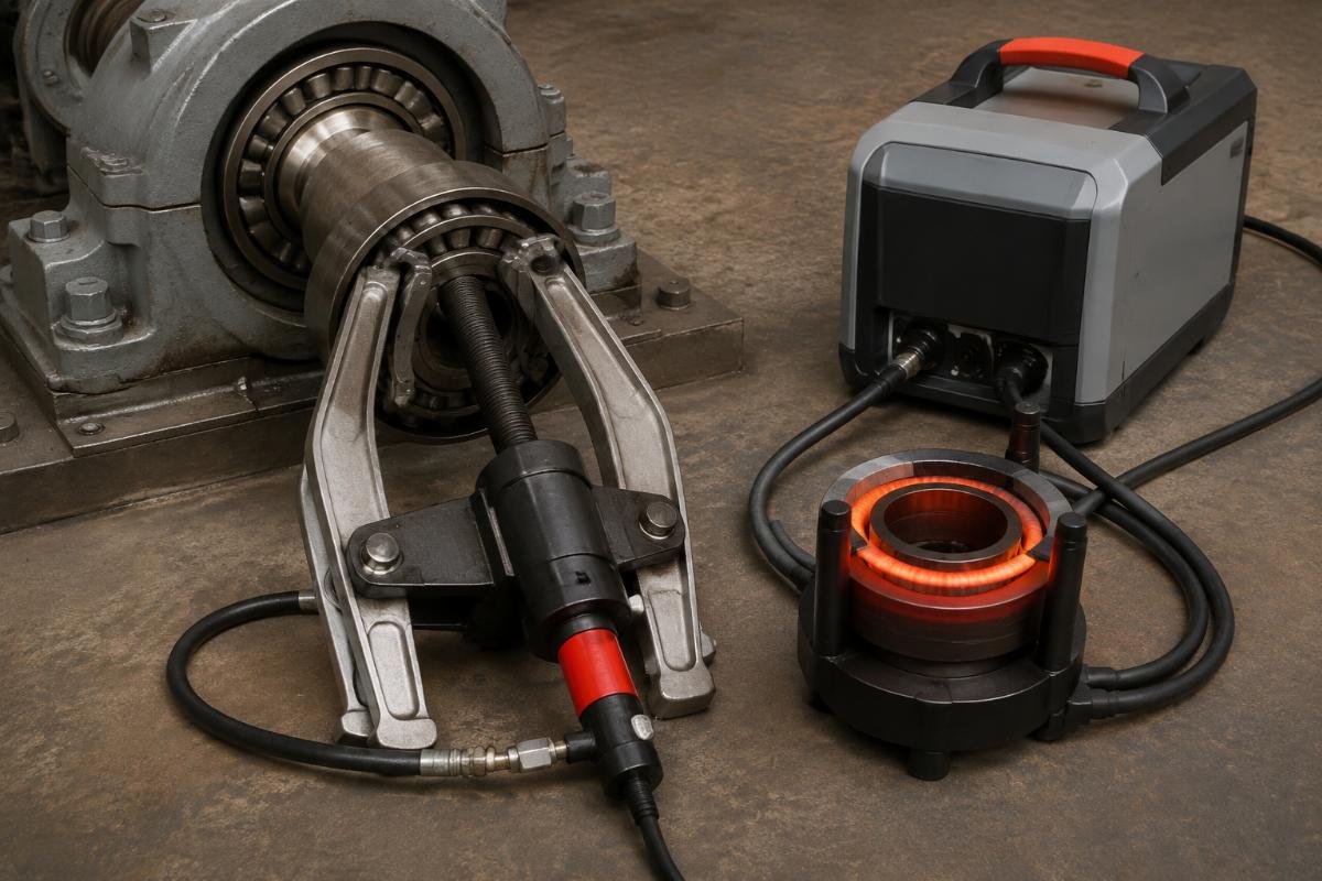 Hydraulic jaw puller and induction heater prepared for SKF Timken bearings removal on site
