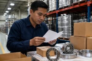 Indonesian industrial buyer verifying NSK bearing authenticity documents at warehouse
