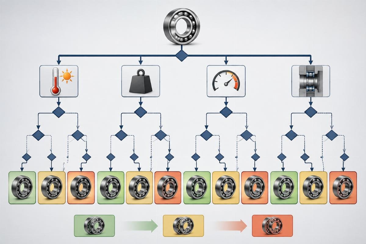Industrial bearing clearance selection decision tree for C2, C3, C4 grades Bearing clearance selection flowchart showing decision path based on temperature, load, speed and fit
