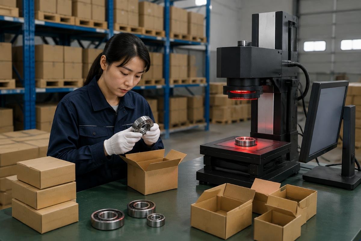 Inspection of NSK bearing packaging and laser etching verification at a China warehouse