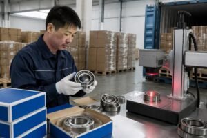 Inspection of NSK bearing packaging and laser marking at a Chinese warehouse before shipment to Central Asia
