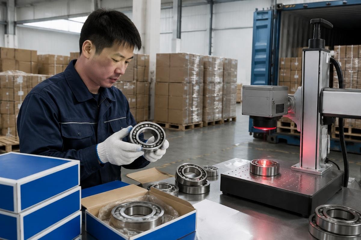 Inspection of NSK bearing packaging and laser marking at a Chinese warehouse before shipment to Central Asia