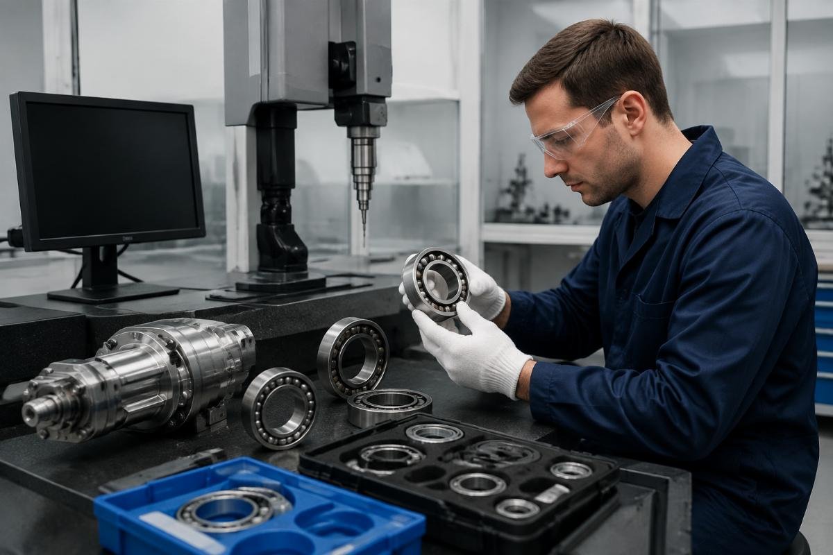 Inspection of SKF and Timken aerospace actuator bearings on a quality verification bench with origin stamping and authorization documents