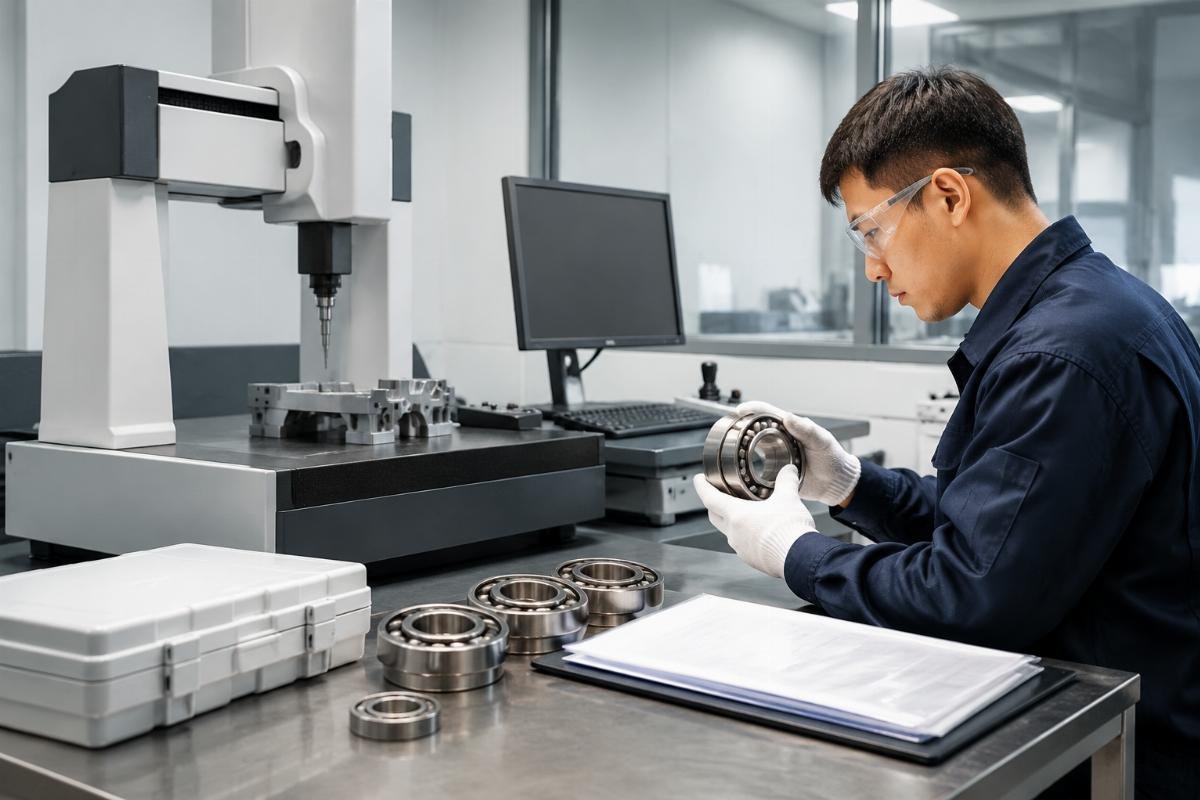 Inspection of SKF and Timken aerospace actuator bearings on a quality verification bench with origin stamping and authorization documents