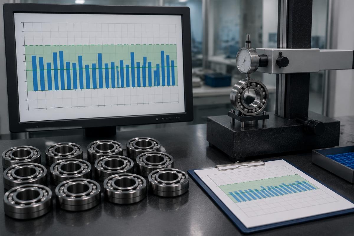 Inspection report showing measured radial clearance values for a batch of spherical roller bearings with acceptable range highlighted