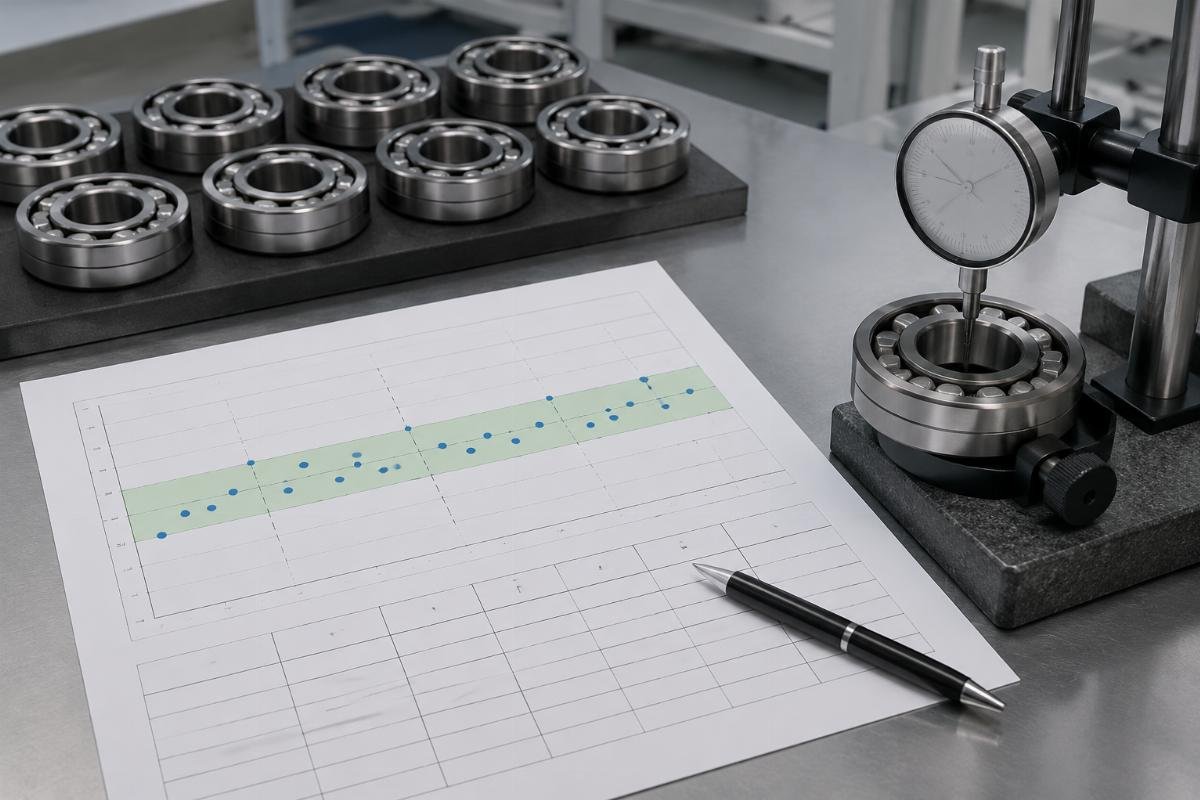 Inspection report showing measured radial clearance values for a batch of spherical roller bearings with acceptable range highlighted