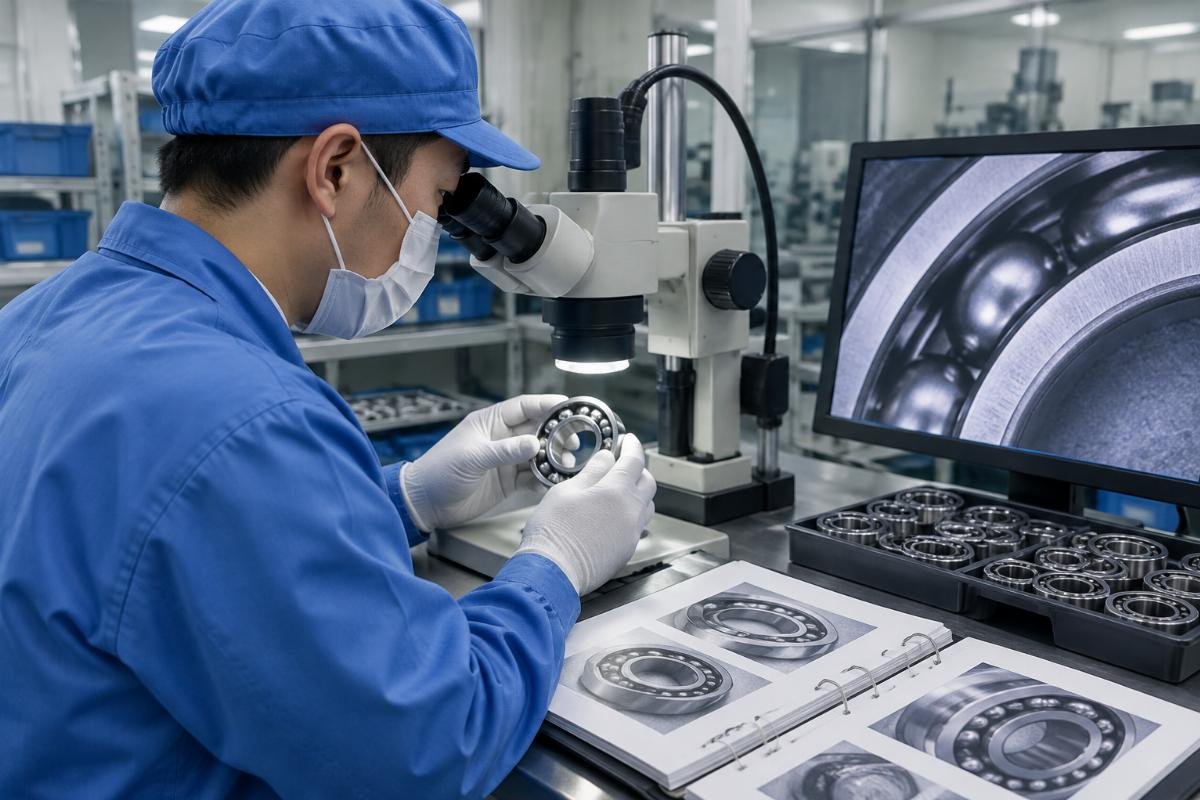 Inspection scene showing bearing authenticity verification process with magnification tools and documentation review
