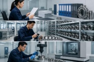 Bearing certification verification workflow showing document validation, traceability audit, and material testing steps