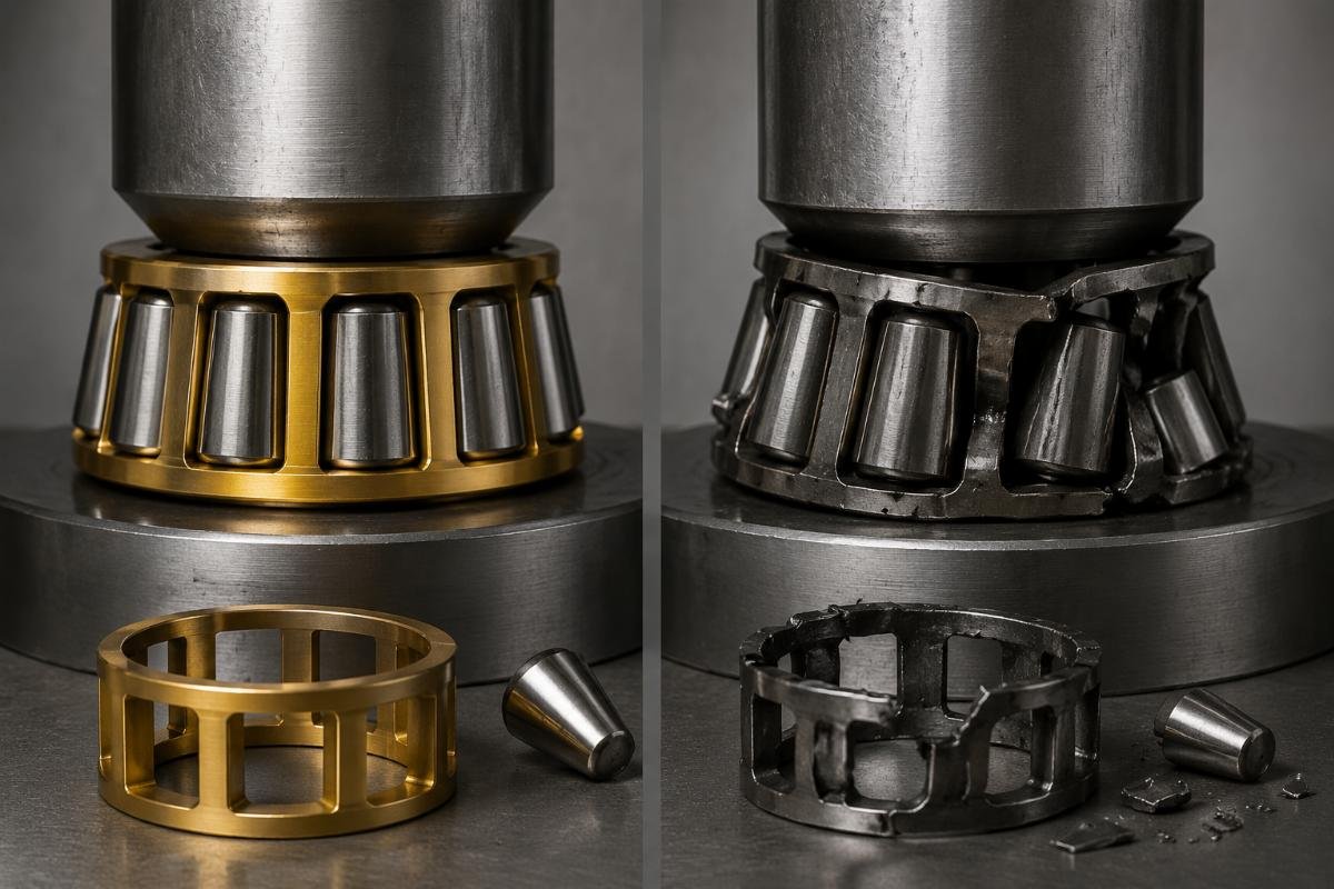 Machined brass cage versus stamped steel cage for tapered roller bearings showing structural differences under impact loading