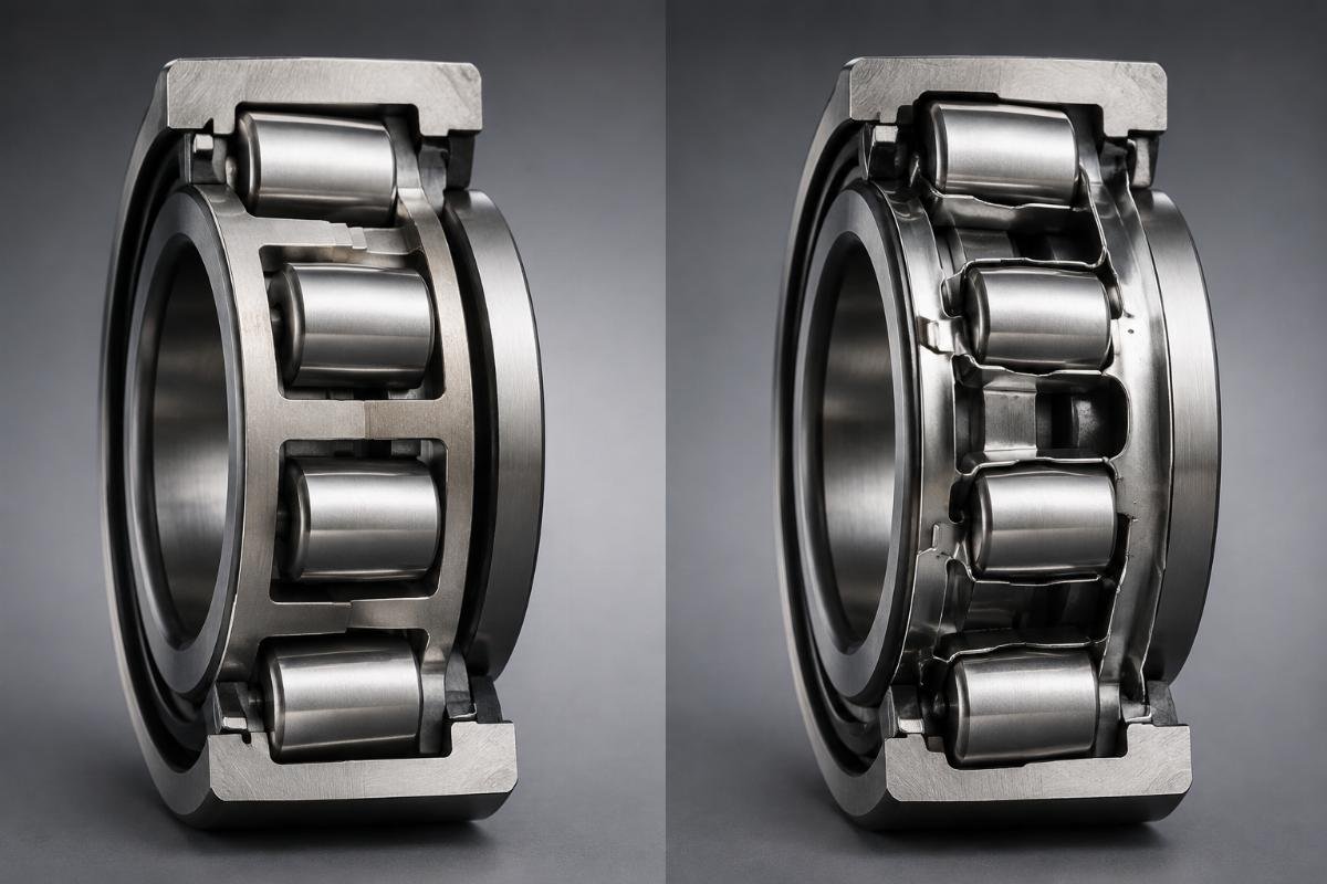 Machined steel cage versus stamped steel cage internal structure comparison in spherical roller bearing