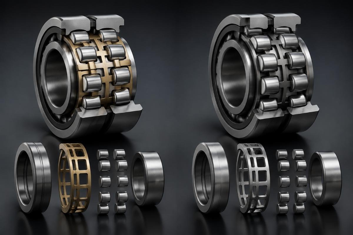 Machined steel cage versus stamped steel cage internal structure comparison in spherical roller bearing