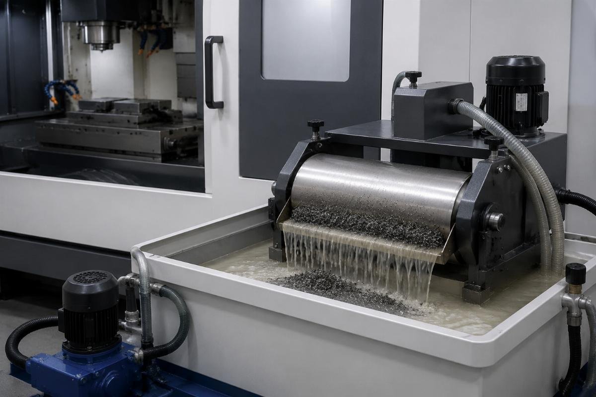 Magnetic drum separator installed in machine tool coolant loop