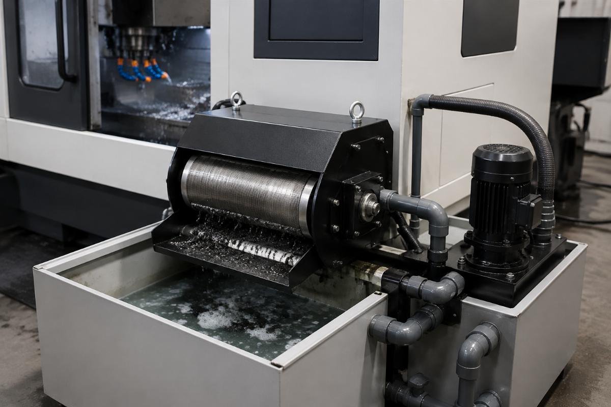 Magnetic drum separator installed in machine tool coolant loop