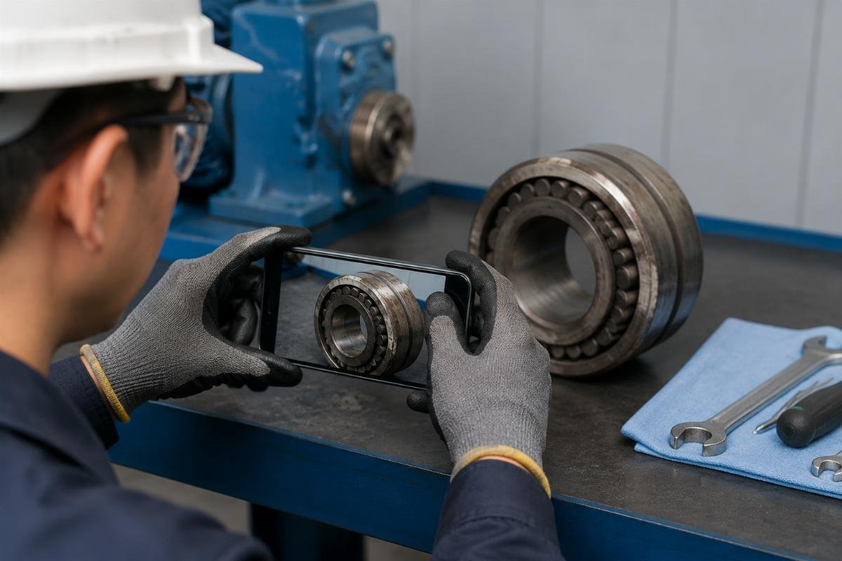Maintenance engineer photographing worn bearing code for full NTN part number verification