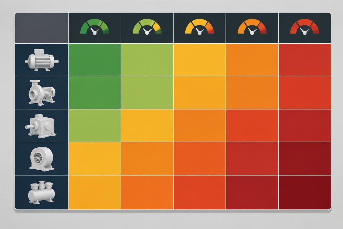 Maintenance planning matrix showing brand-based vibration families cross-referenced with operating condition severity levels for scheduling inspections
