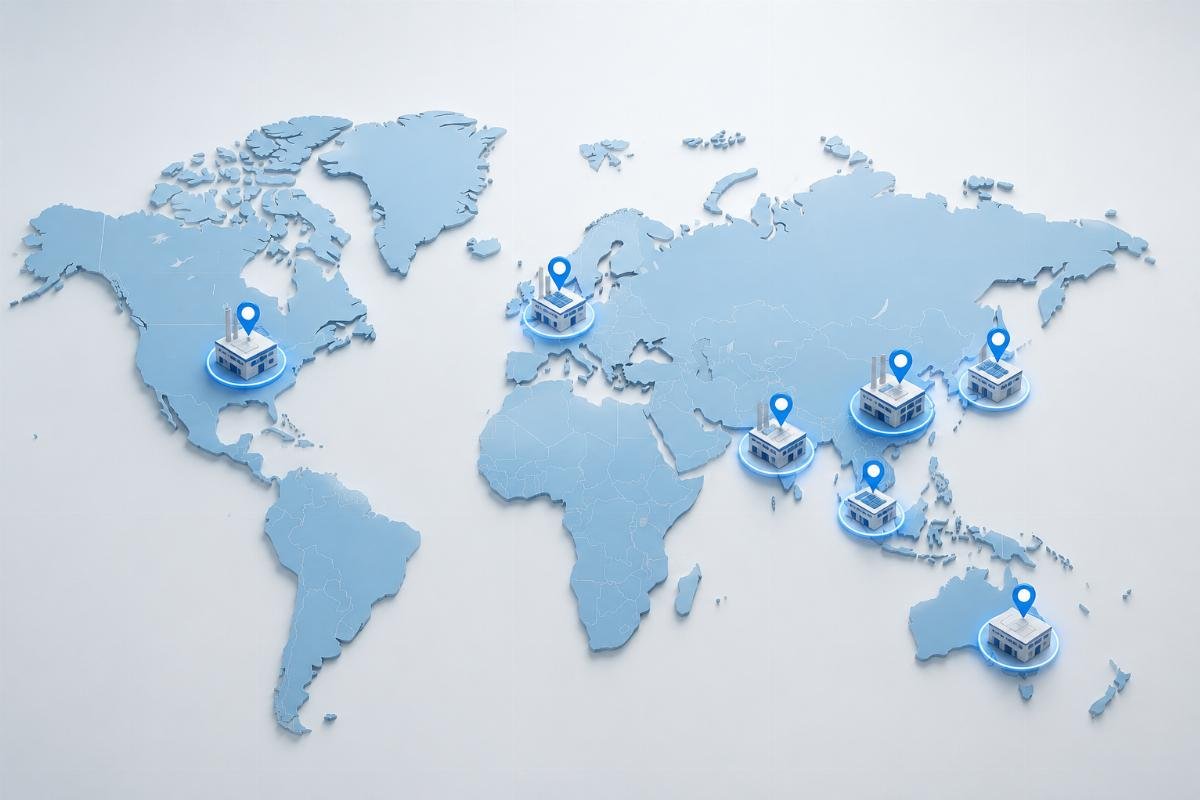 Map showing NSK manufacturing facility locations with country-of-origin identification codes