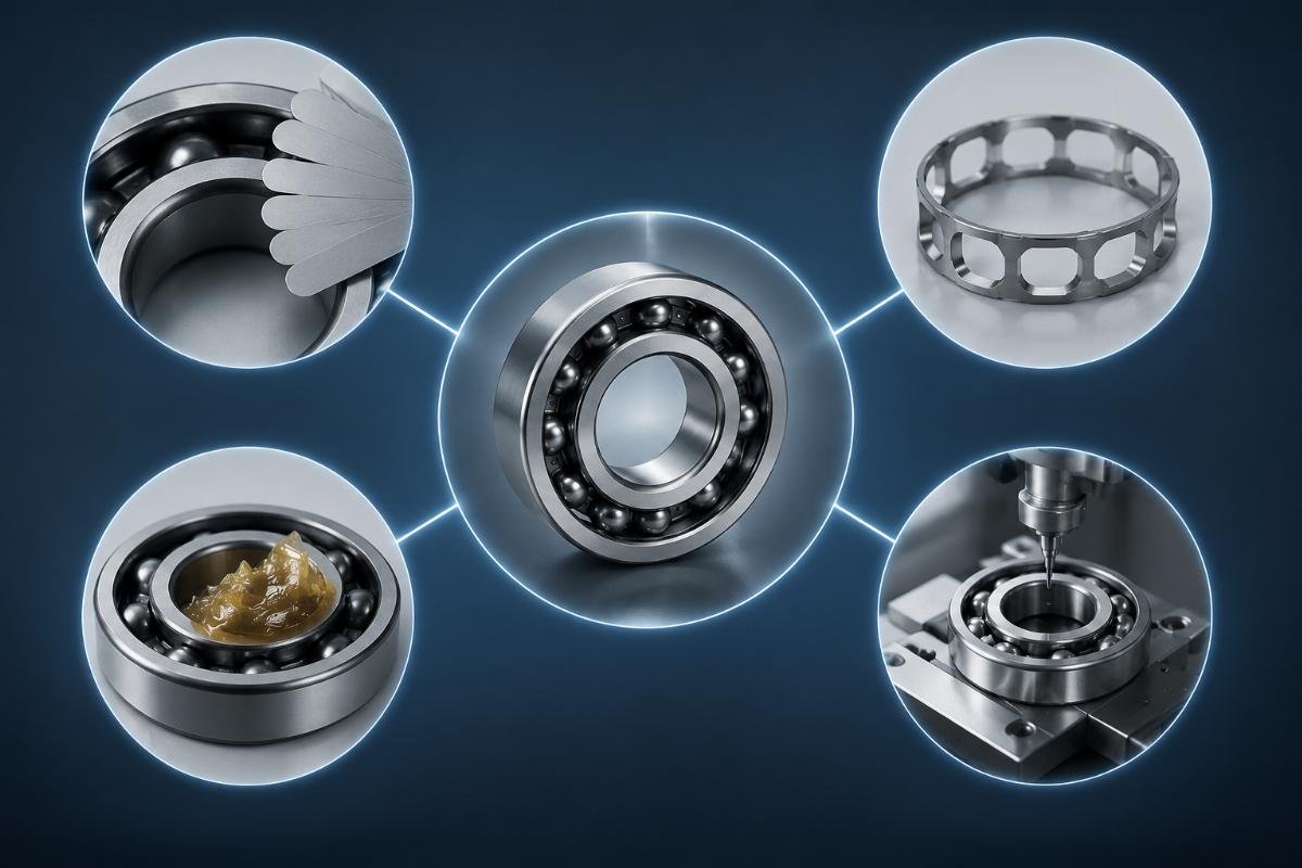 Matrix diagram showing the four key verification parameters for bearing interchange: clearance, cage, lubricant, and precision
