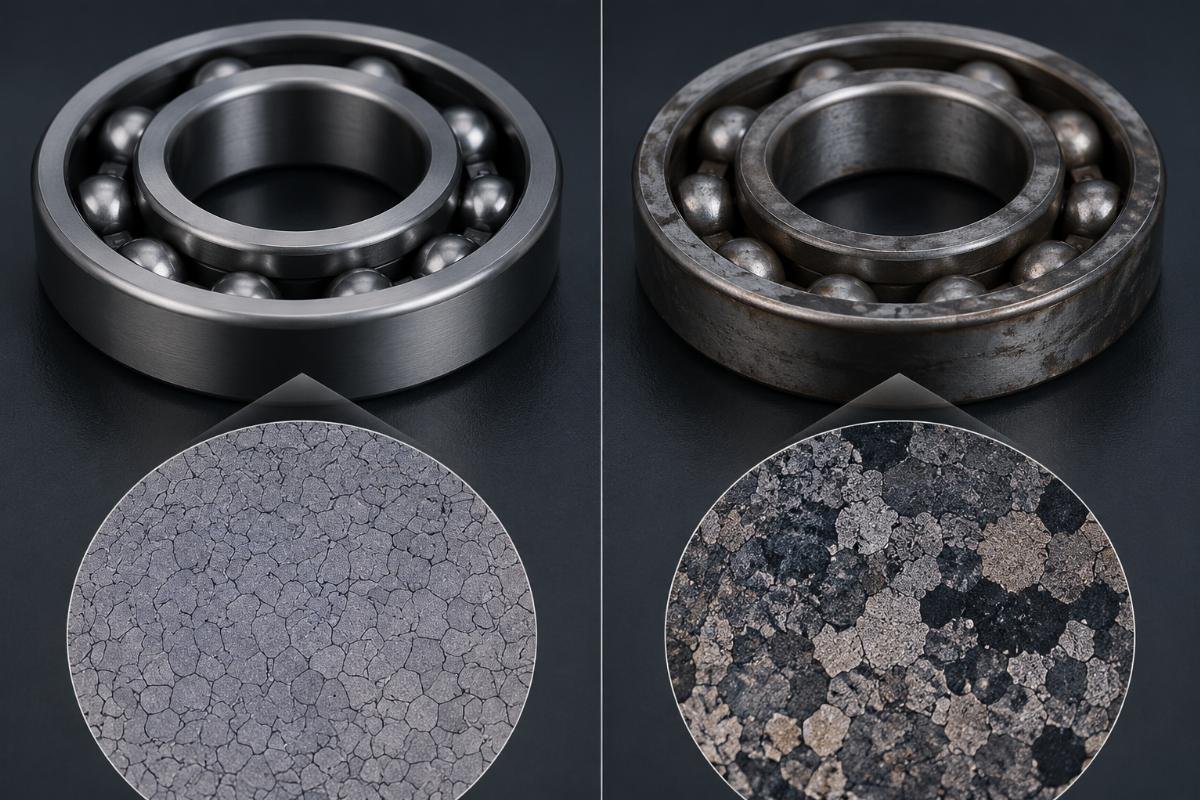 Metallographic analysis showing uniform grain structure (left) from precision heat treatment vs. uneven structure (right) from standard processes Bearing Microstructure Comparison