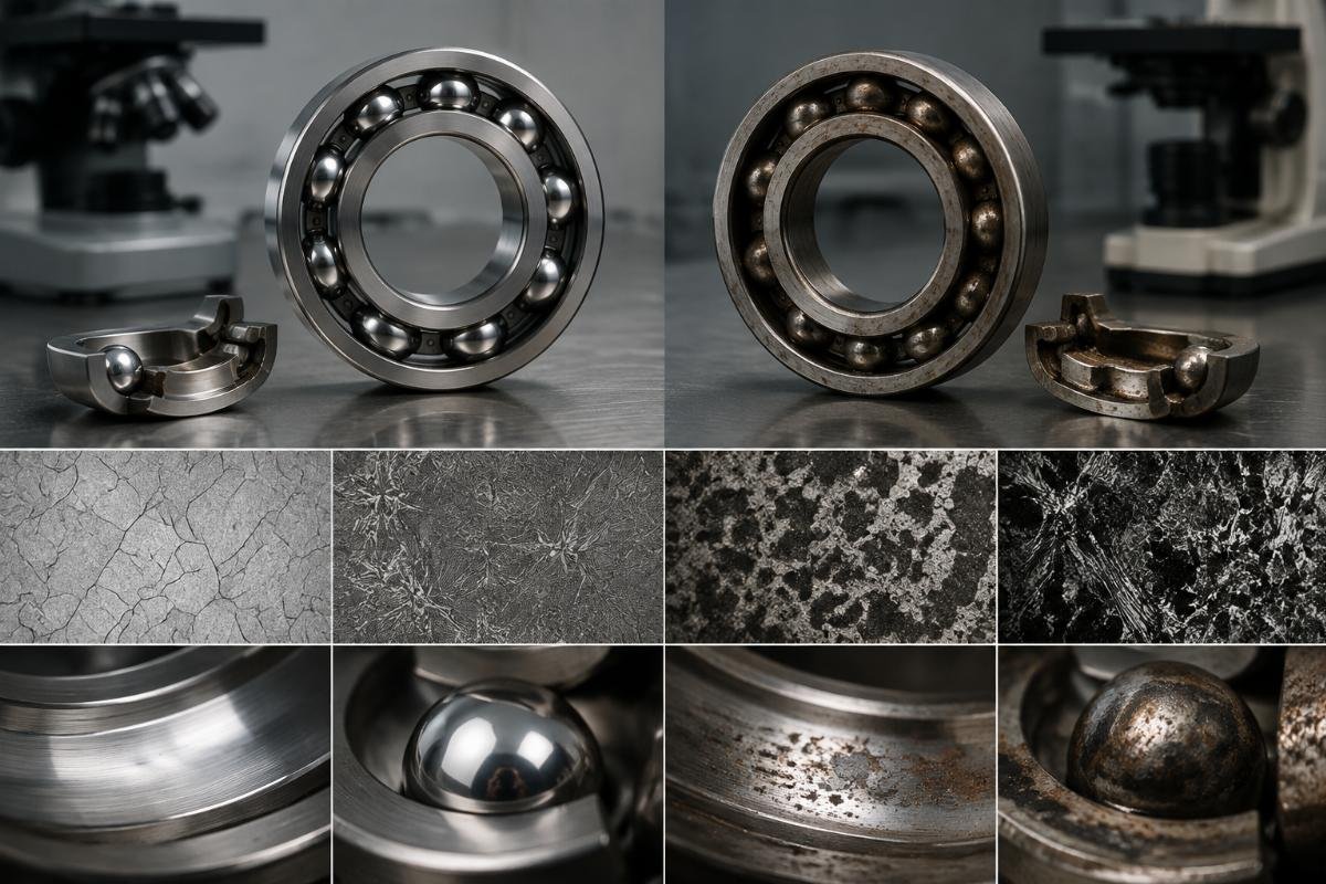 Metallurgical analysis showing quality differences in deep groove ball bearings Bearing failure analysis comparison between genuine and counterfeit products