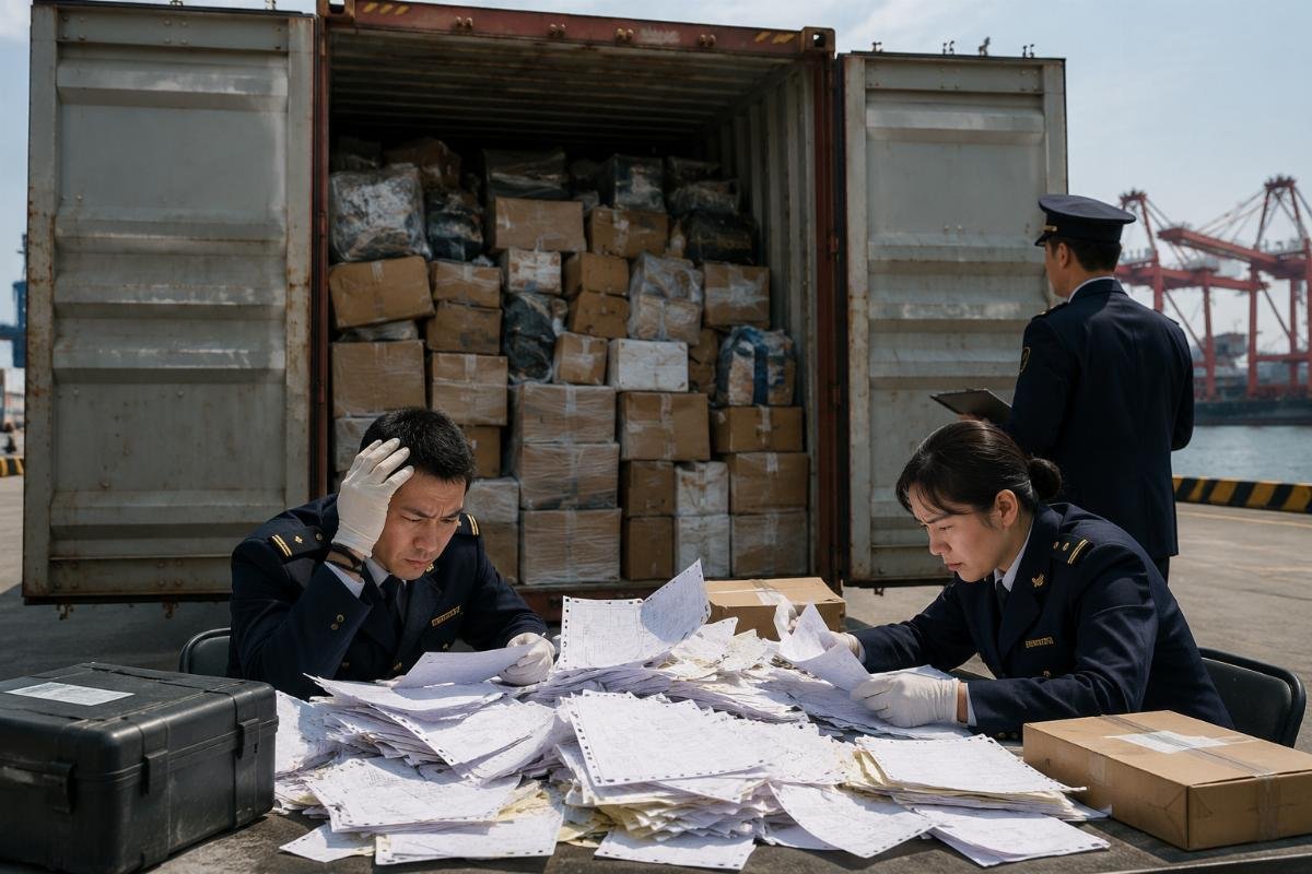 Mixed-SKU container with tangled packing lists causing customs inspection delay at destination port