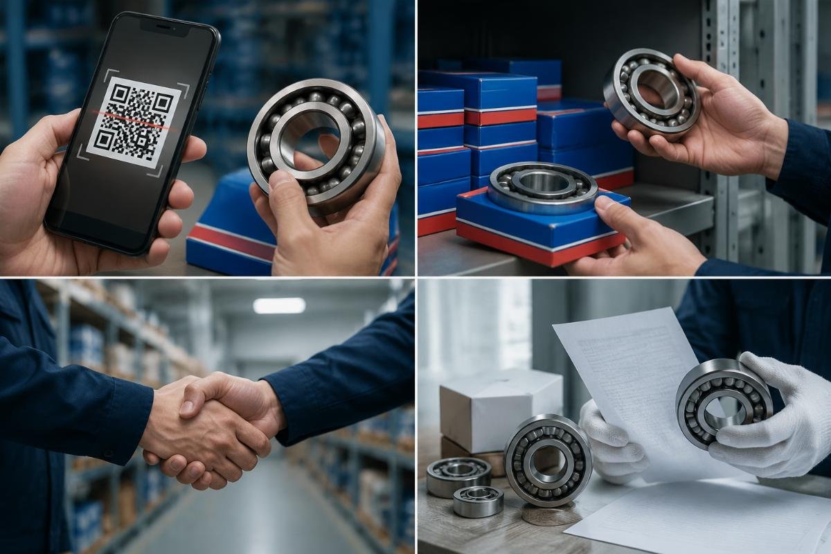 Multi-layer authenticity verification process showing QR scan, batch code matching, authorized distributor check, and origin document review for SKF and Timken bearings