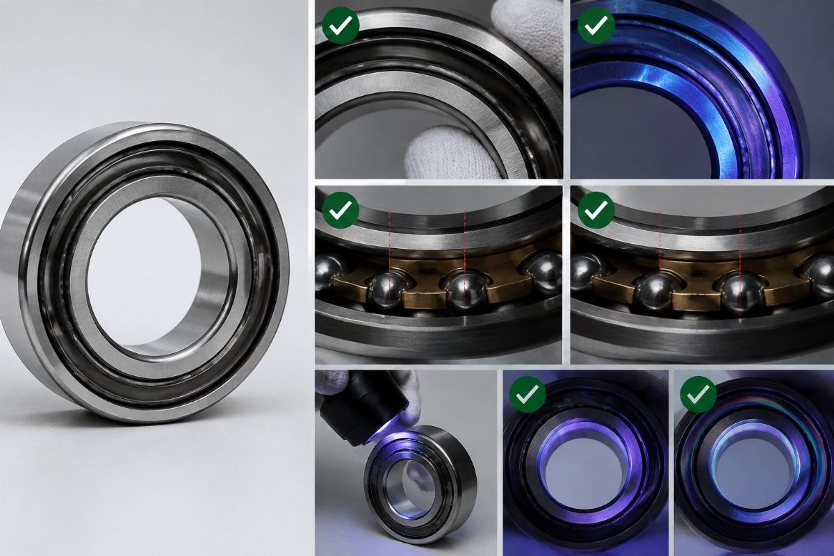 NSK bearing authenticity verification checklist showing end-face engraving cage rivet spacing and anti-counterfeit optical shift