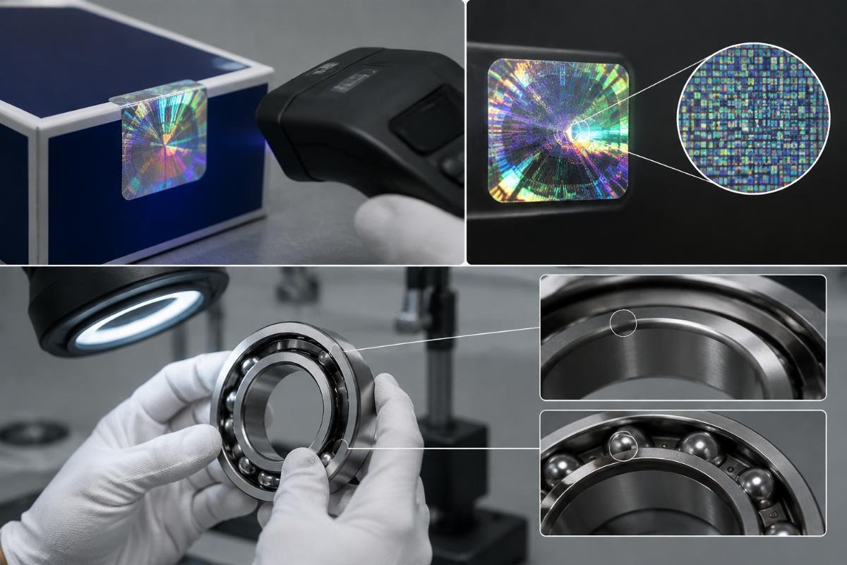 NSK bearing authenticity verification checklist showing packaging hologram QR code and inner ring marking inspection points