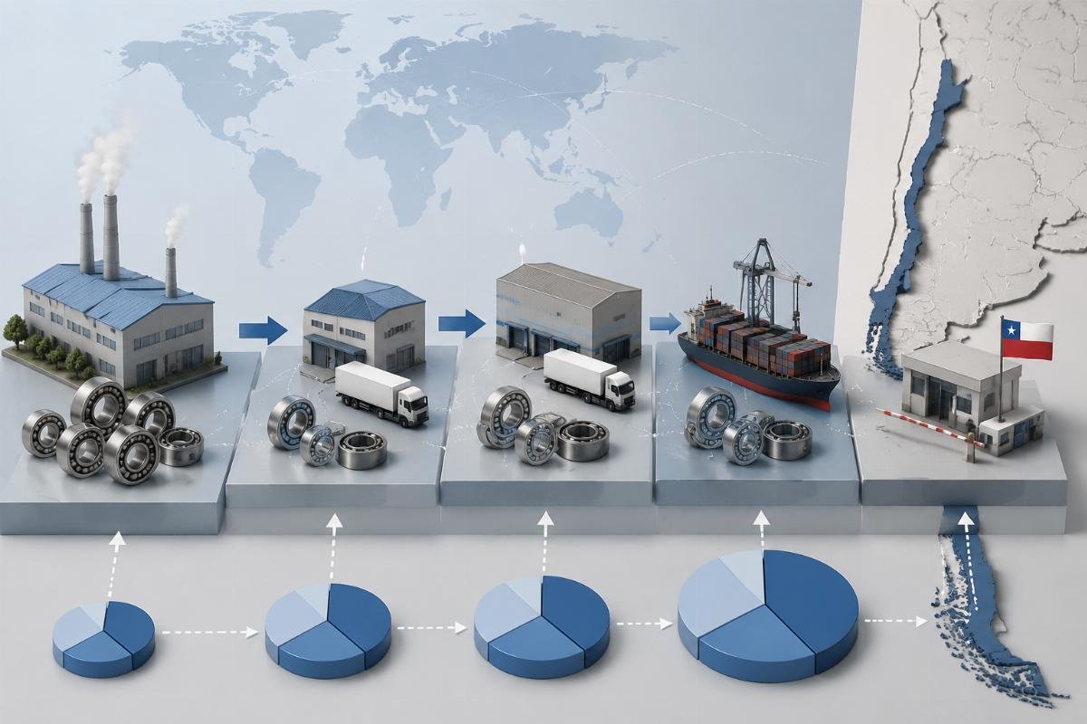 NSK bearing price composition showing factory cost, channel layers, and import duties affecting wholesale pricing in Chile