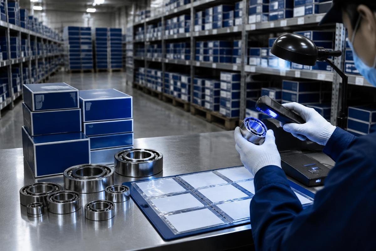 NSK bearing warehouse with authenticity verification labels and cross-reference documentation