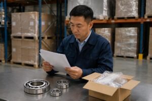 OEM procurement manager verifying bearing authorization documents at warehouse