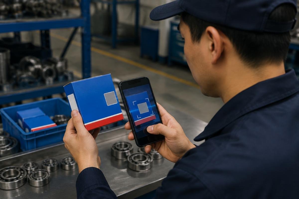Operator using SKF Authenticate app to scan bearing packaging security code