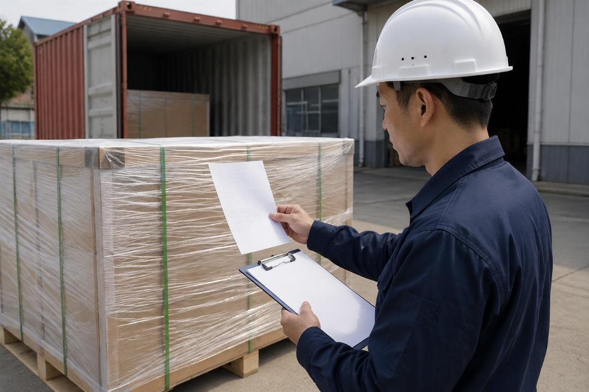 Origin code verification process showing packaging markings matched against shipping documents at site reception