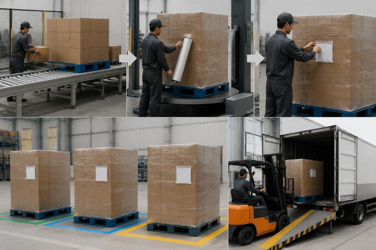 Palletization workflow showing site-level separation with unique shipping marks and document pouches