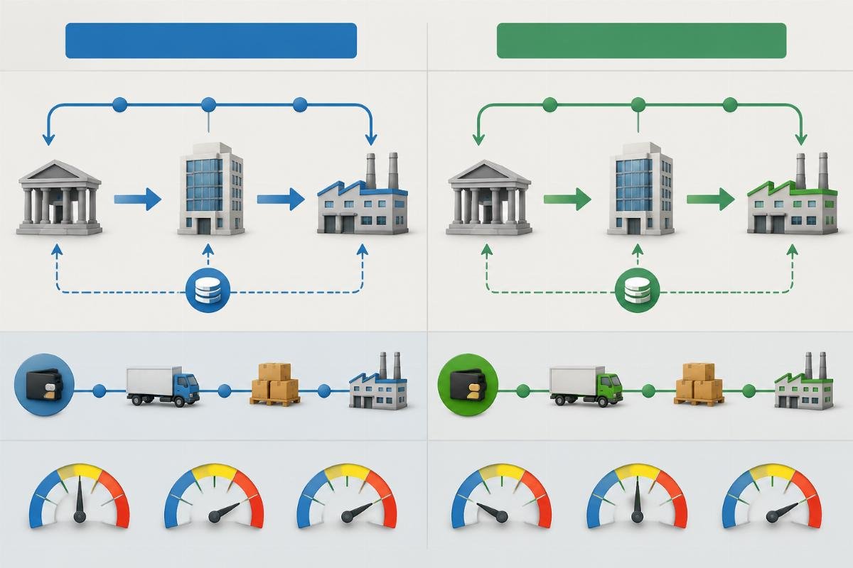 Payment term comparison chart showing capital flow and risk distribution
