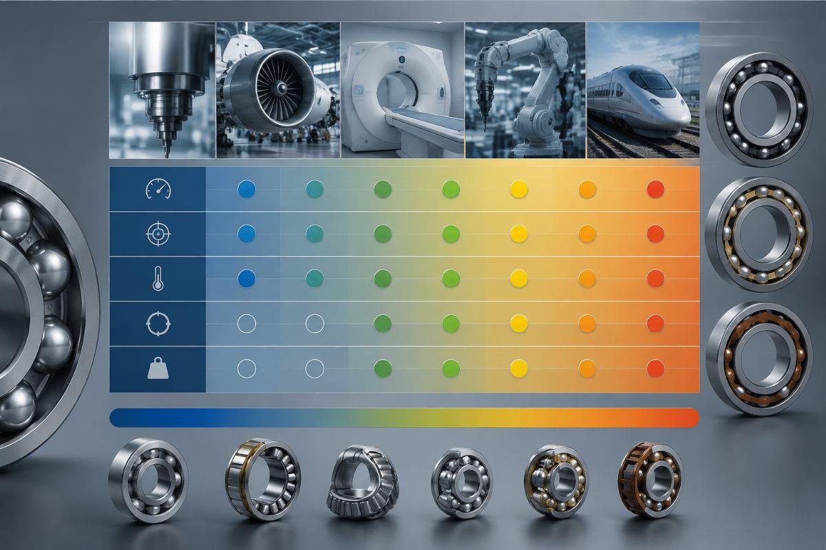 Precision class selection matrix mapping application conditions to ISO P-class and ABEC ratings