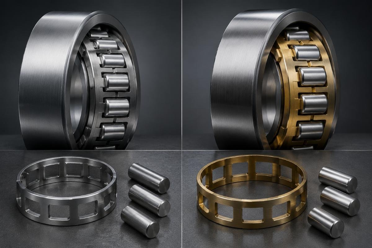 Pressed steel cage versus machined brass cage comparison for cylindrical roller bearings