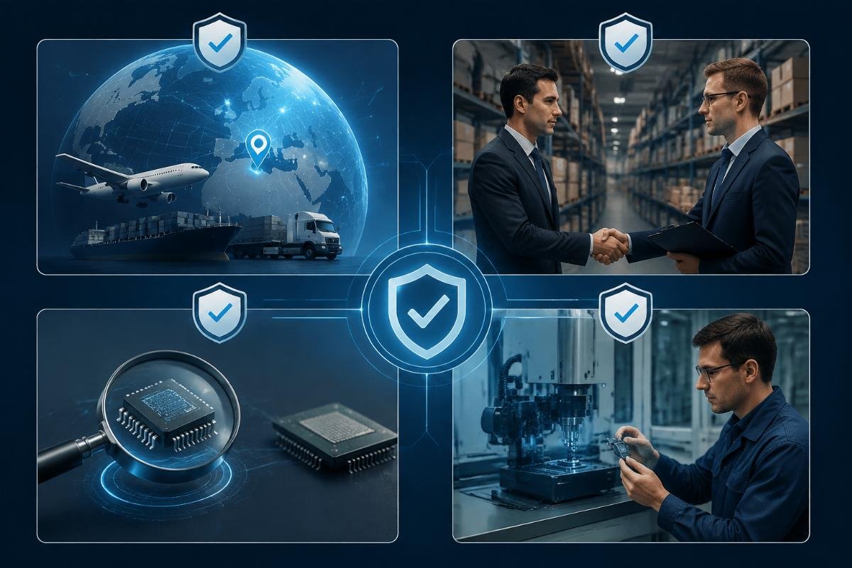 Procurement risk matrix showing origin verification, distributor authorization, cross-reference accuracy, and application matching as critical checkpoints