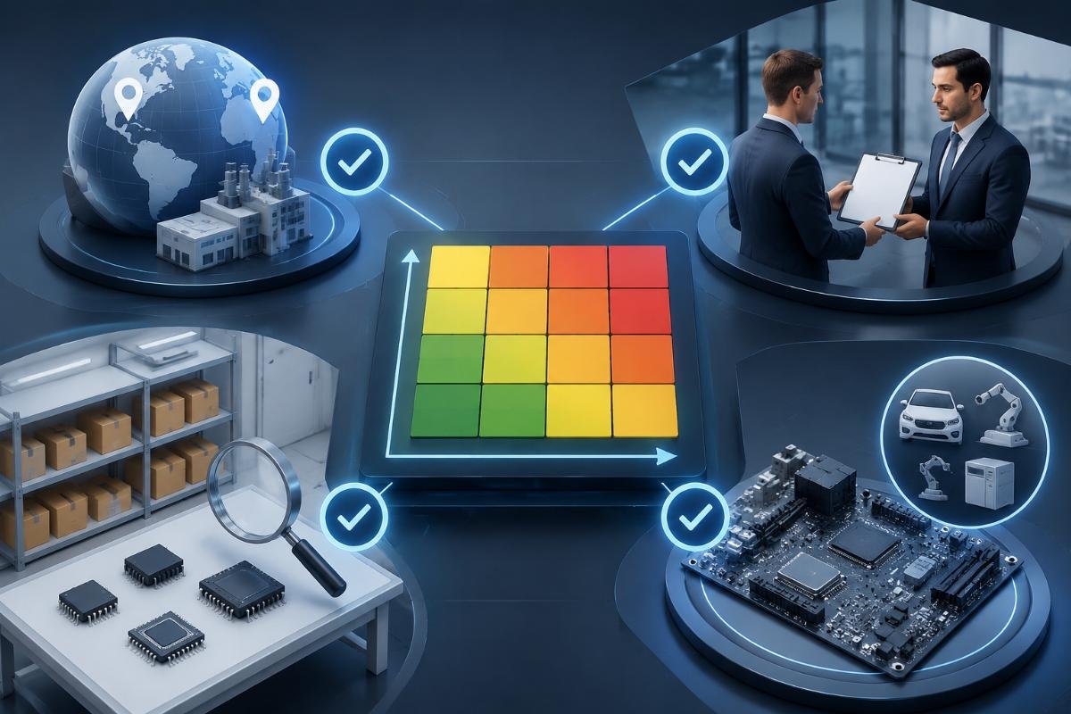 Procurement risk matrix showing origin verification, distributor authorization, cross-reference accuracy, and application matching as critical checkpoints