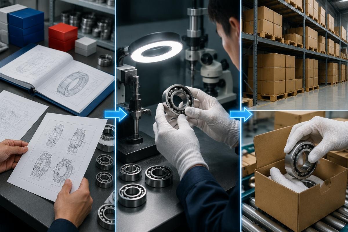 Professional bearing sourcing workflow showing cross-reference documentation, authentication verification, and authorized channel traceability