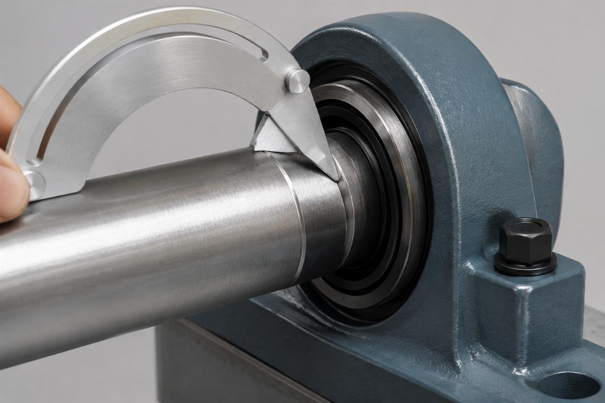 Profile gauge measuring seal lip angle on a pillow block shaft shoulder