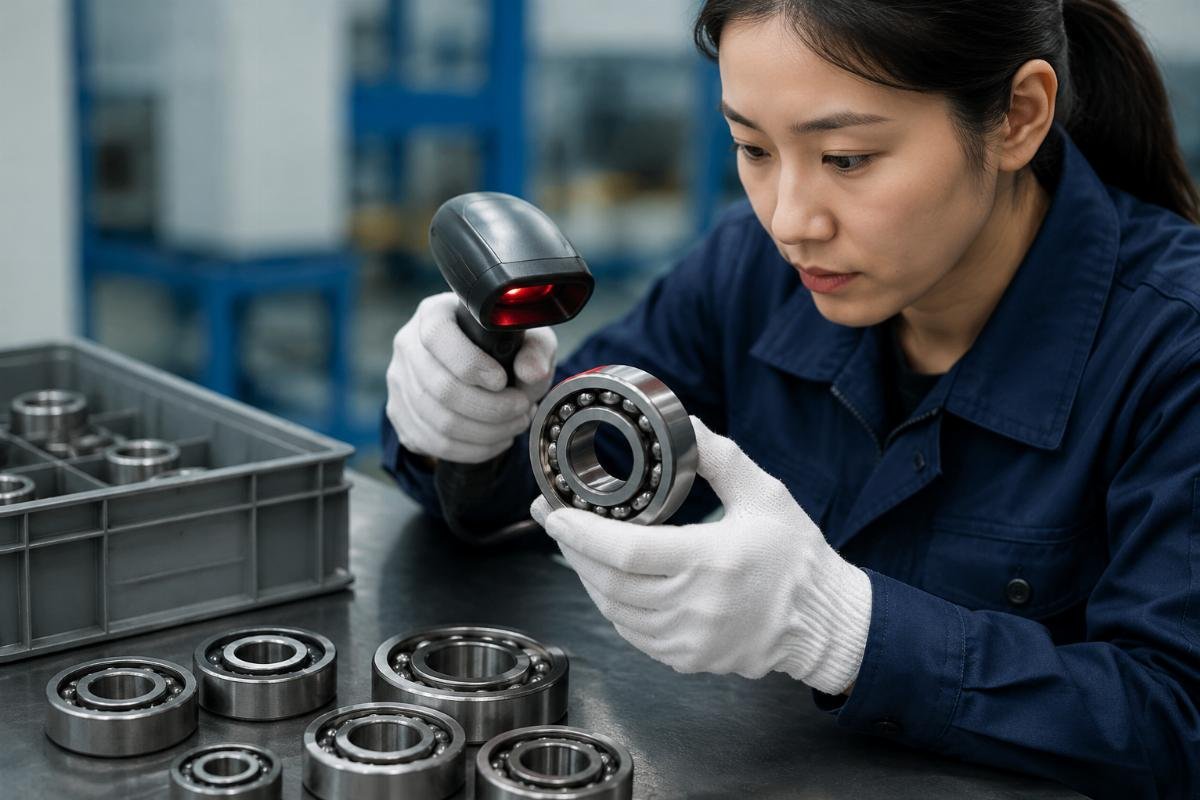 QR code scanning and physical inspection of bearing origin markings