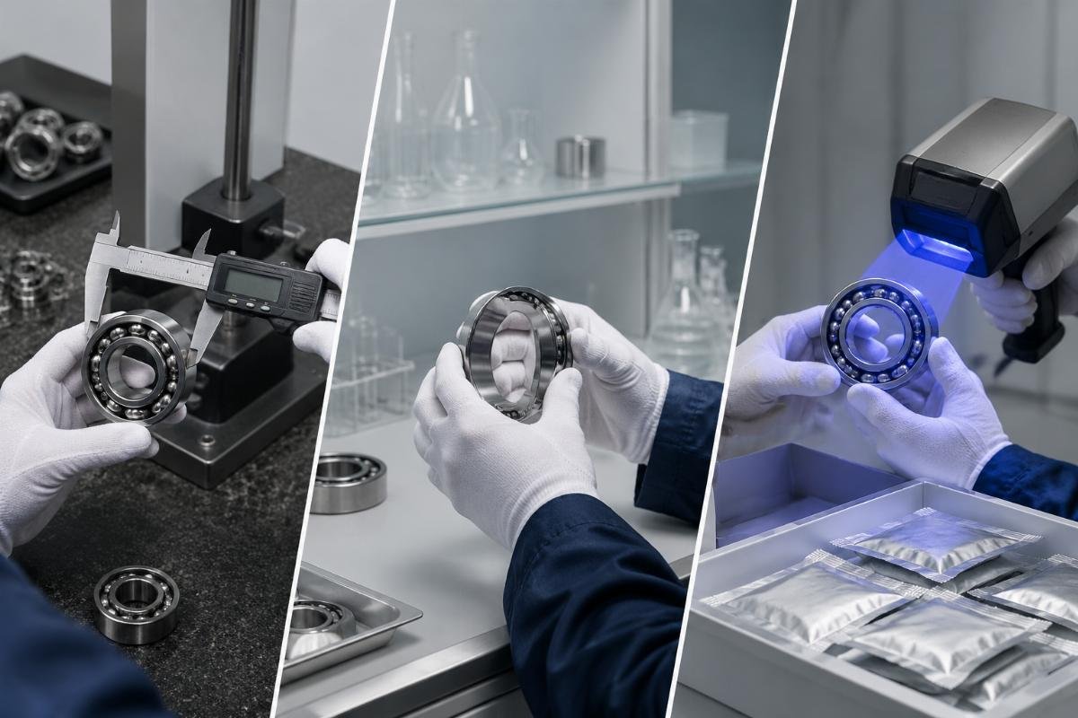 Quality control process showing dimensional measurement, material certification, and anti-counterfeiting verification steps Custom Bearing Quality Certification Process