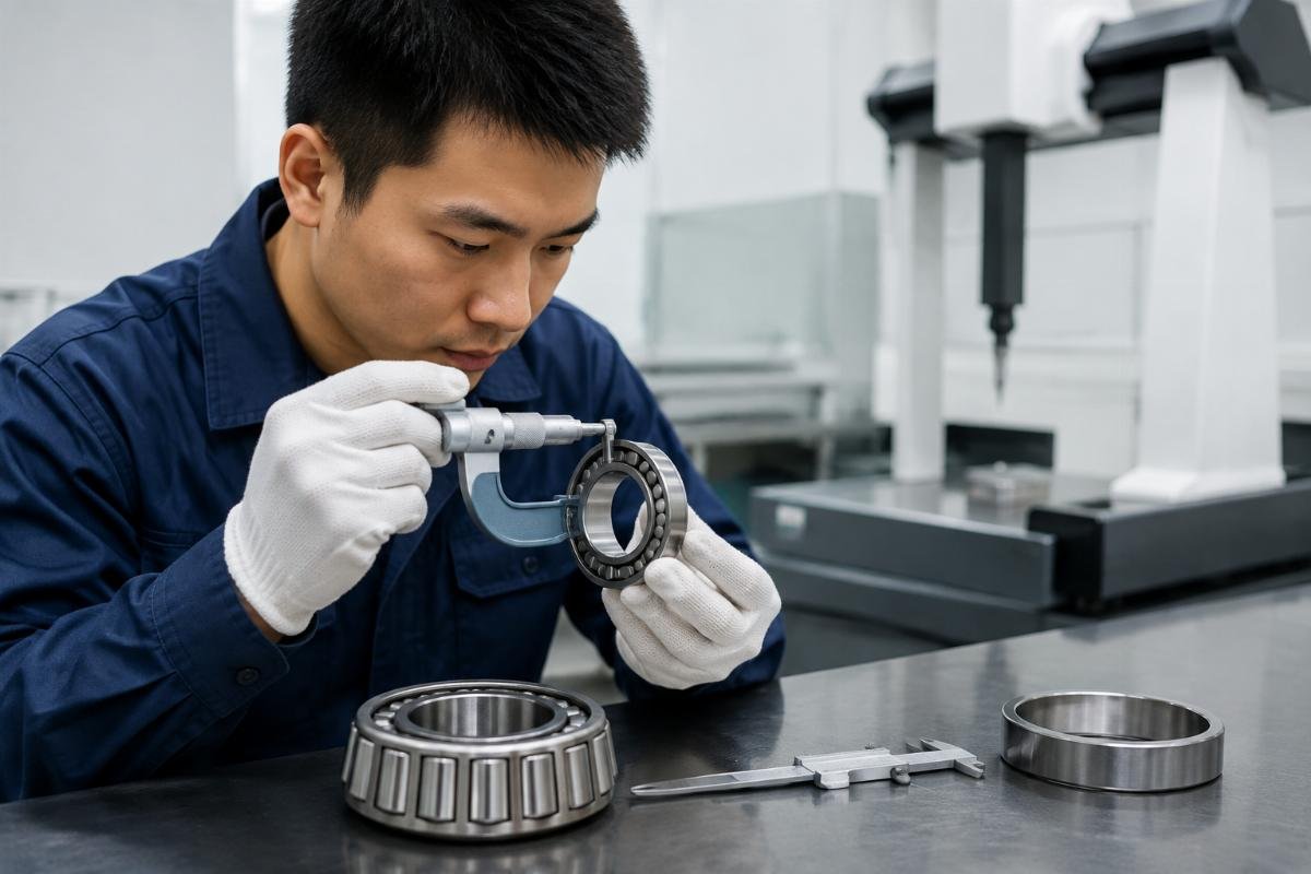 Quality inspector measuring FAG 32218 bearing dimensions with micrometer and calipers