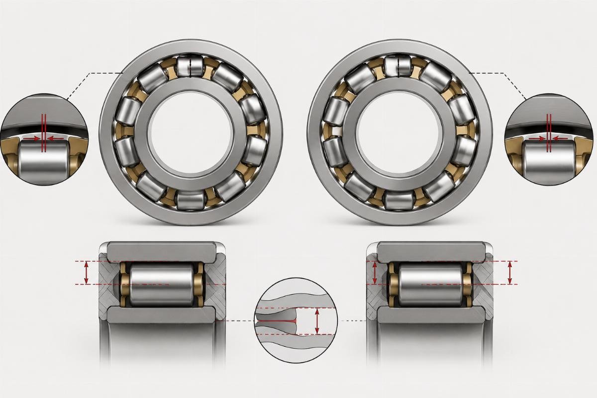 Radial clearance comparison diagram showing CN C3 and C4 internal play for cylindrical roller bearings
