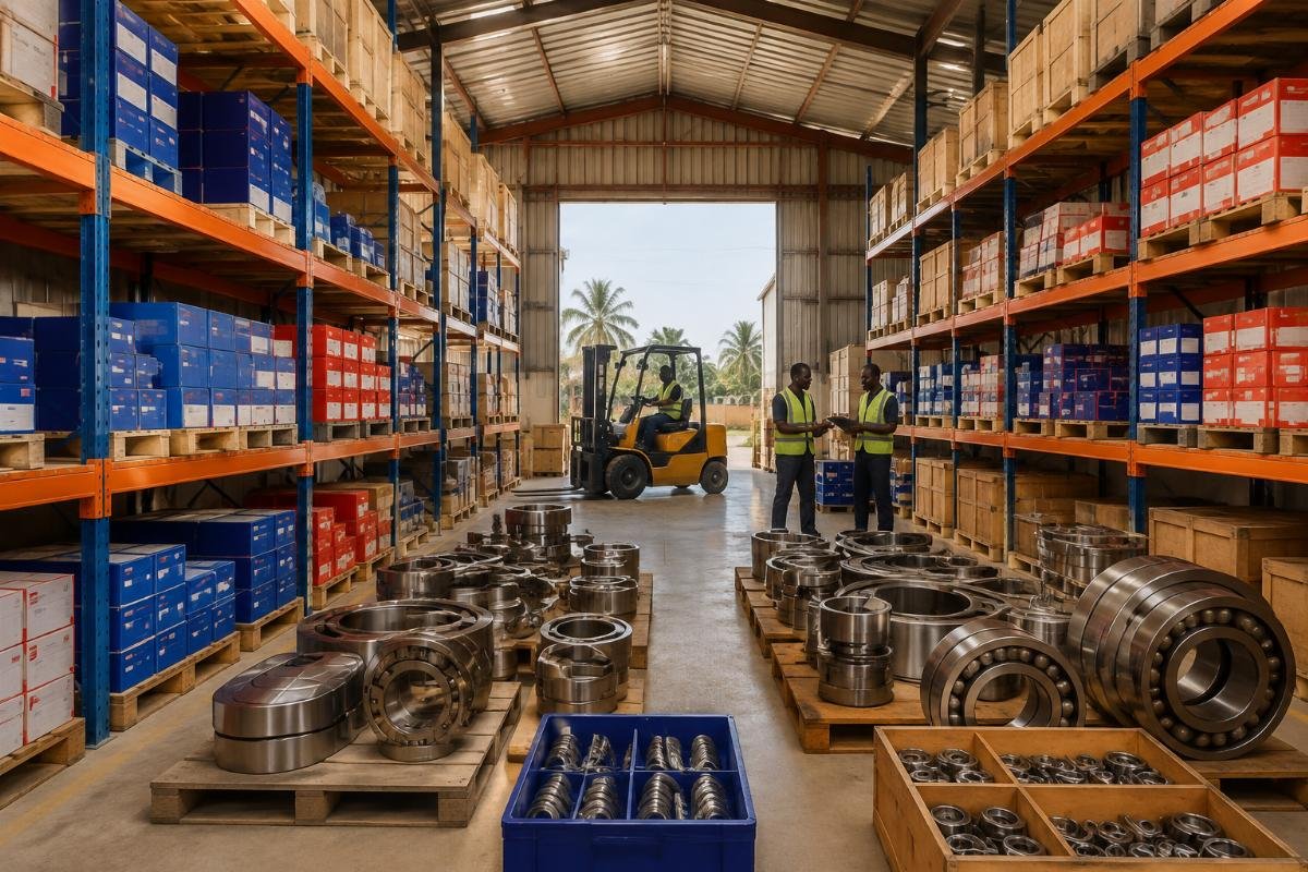 Regional bearing warehouse in West Africa with organized SKF NSK FAG inventory storage