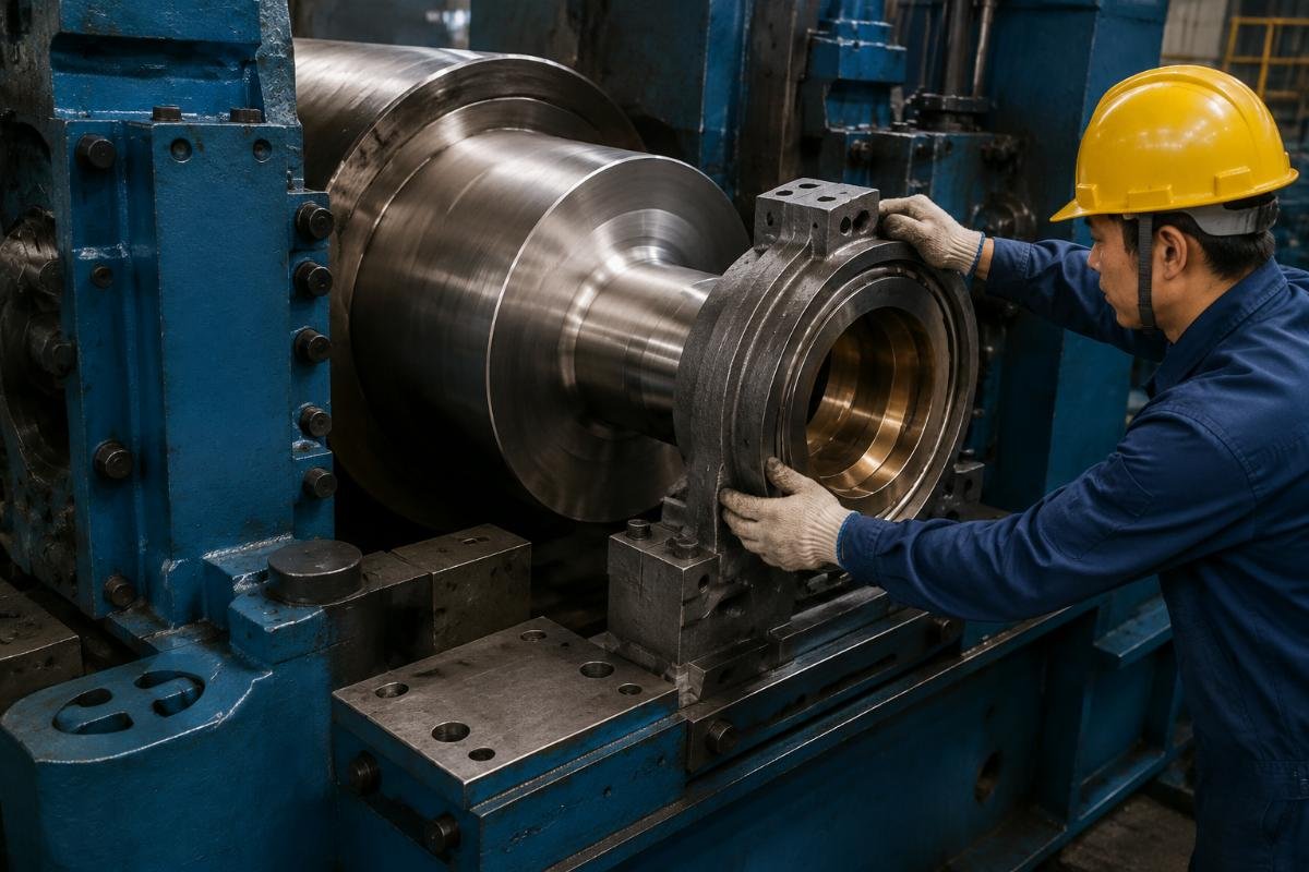 Rolling mill chock bearing installation showing roll neck and bearing seat