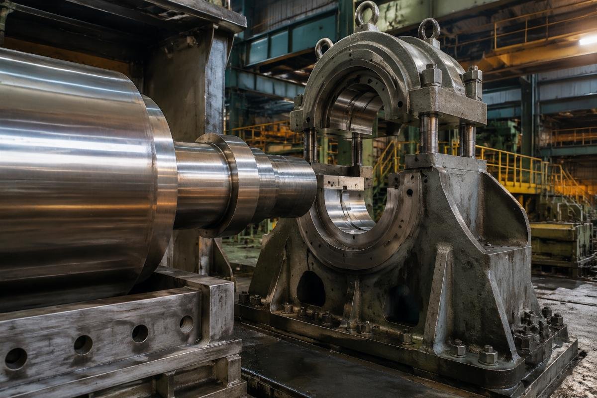Rolling mill chock bearing installation showing roll neck and bearing seat
